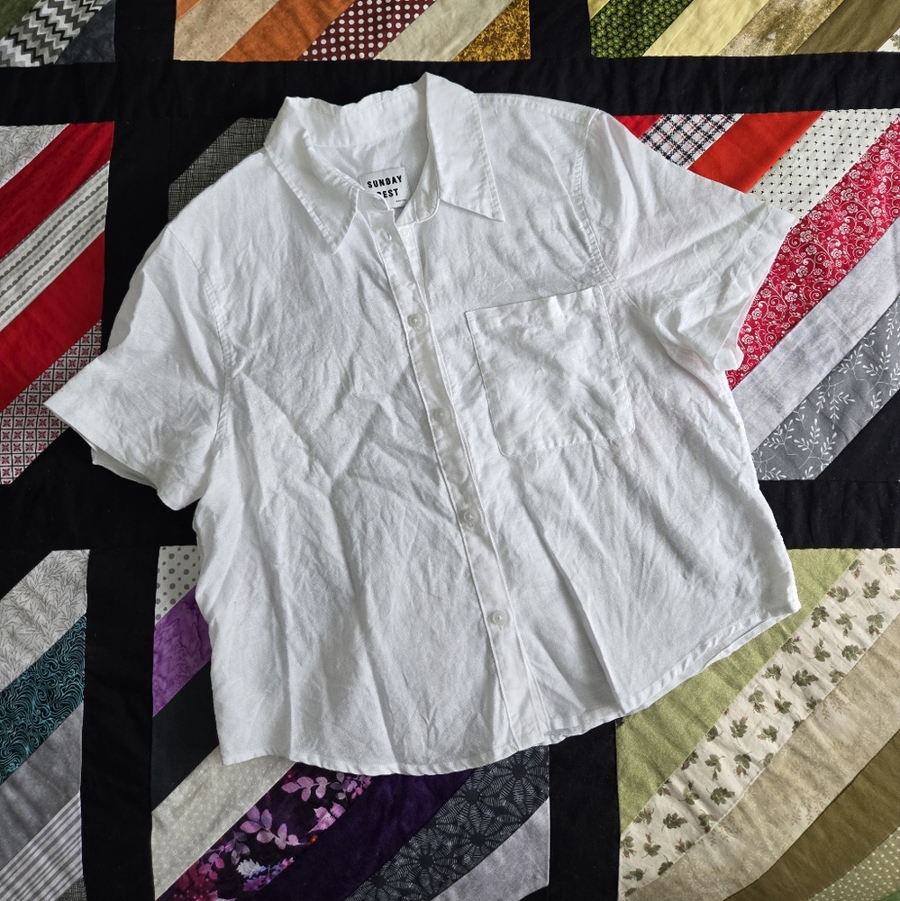 Sunday Best Aritzia Linen Cotton Shirt Short Sleeve Button Down White